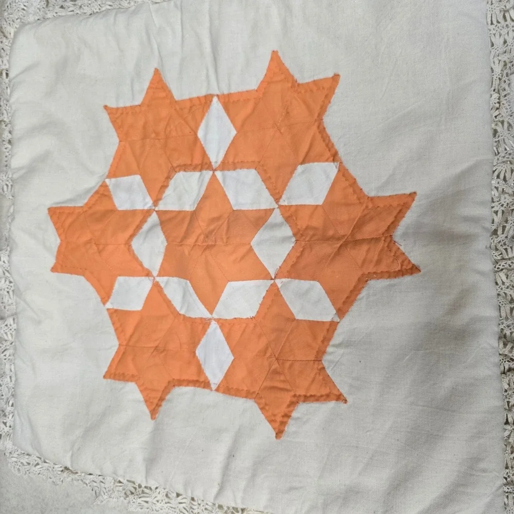 Vintage Handmade Quilted Star Pillow Sham Orange White Crochet Lace Trim 18x18